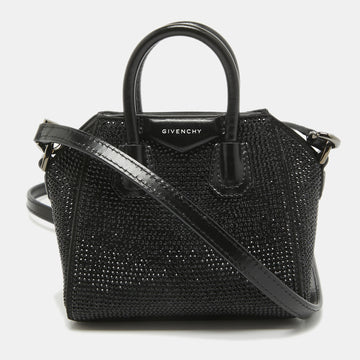 GIVENCHY Black Satin and Leather Micro Antigona Crystals Crossbody Bag