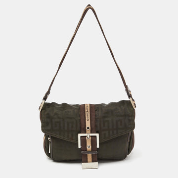 GIVENCHY Green/Brown Monogram Fabric Buckle Flap Baguette Bag