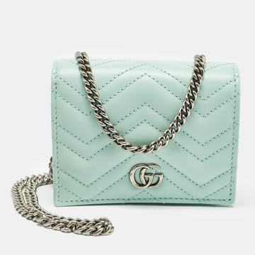 GUCCI Light Mint Green Matelasse Leather GG Marmont Compact Wallet on Chain