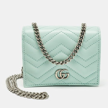 GUCCI Light Mint Green Matelasse Leather GG Marmont Compact Wallet on Chain