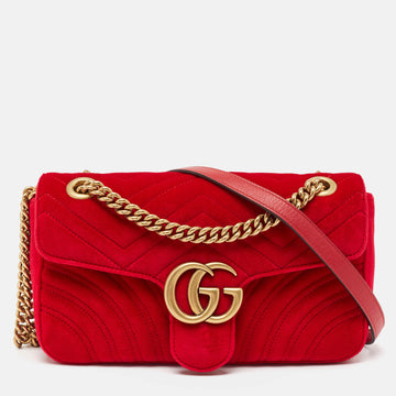 GUCCI Red Matelasse Velvet Small GG Marmont Shoulder Bag