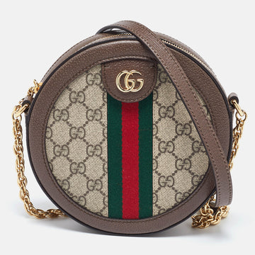 GUCCI Brown/Beige GG Supreme Canvas and Leather Mini Ophidia Round Bag