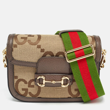 GUCCI Beige/Brown GG Canvas Leather Horsebit 1955 Crossbody Bag