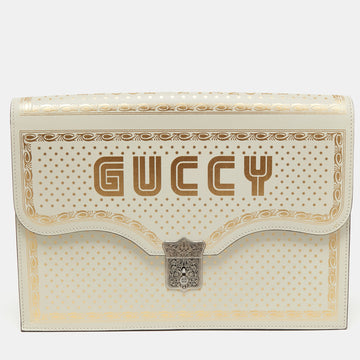 GUCCI Off White Leather Guccy Portfolio Clutch