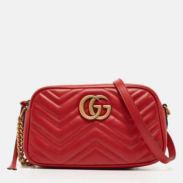 GUCCI Red Matelasse Leather Small GG Marmont Shoulder Bag