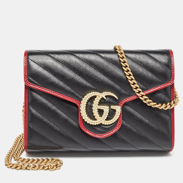 GUCCI Black/Red Diagonal Quilt Leather GG Marmont Torchon Wallet on Chain