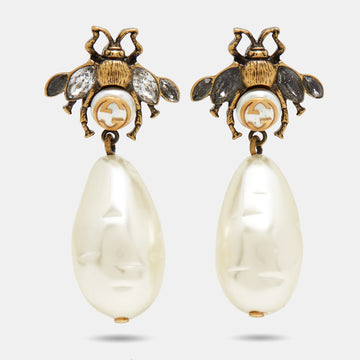 GUCCI Bee Faux Pearl Crystals Gold Tone Drop Earrings