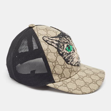 GUCCI Beige GG Coated Canvas & Mesh Mystic Cat Applique Baseball Cap S