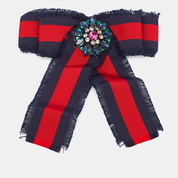 GUCCI Navy Blue/Red Web Grosgrain Ribbon Bow Pin Brooch