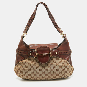 GUCCI Brown/Beige GG Canvas and Leather Horsebit Flap Hobo