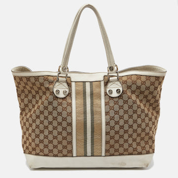 GUCCI Beige/Off White GG Canvas and Leather Web Sunset Shopper Tote