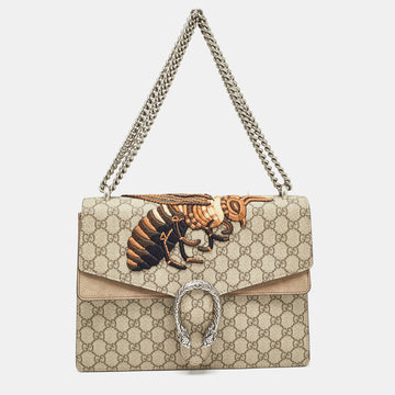 GUCCI Beige GG Supreme Canvas and Suede Medium Bee Embroidered Dionysus Shoulder Bag