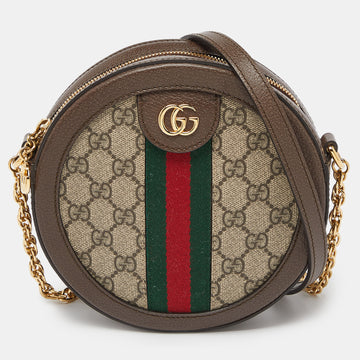GUCCI Brown GG Supreme Canvas and Leather Mini Ophidia Round Bag