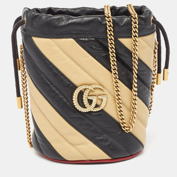 GUCCI Black/Beige Diagonal Leather Mini GG Marmont Torchon Bucket Bag