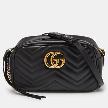 GUCCI Black Matelasse Leather Small GG Marmont Shoulder Bag