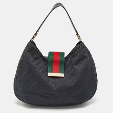 GUCCI Black GG Canvas and Leather New Ladies Web Hobo