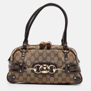 GUCCI Brown/Beige GG Canvas and Leather Horsebit Wave Boston Bag