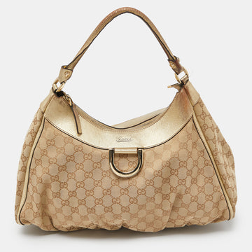 GUCCI Biege/Gold GG Canvas and Leather Large D Ring Hobo