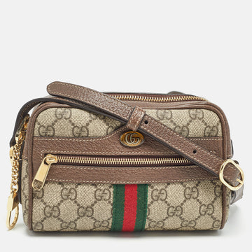 GUCCI Beige/Brown GG Supreme Canvas and Leather Mini Ophidia Crossbody Bag