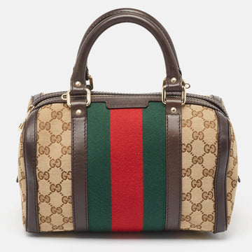 GUCCI Brown/Beige GG Canvas and Leather Web Boston Bag