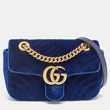GUCCI Blue Matelasse Velvet Mini GG Marmont Shoulder Bag
