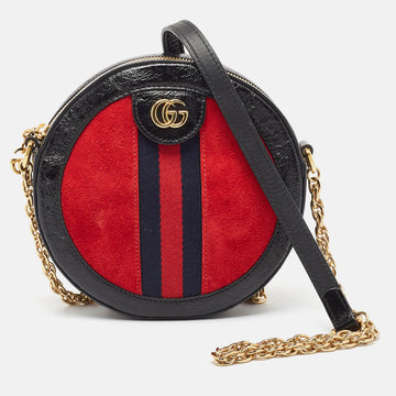 GUCCI Black/Red Leather and Suede Mini Ophidia Round Shoulder Bag