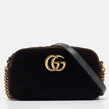 GUCCI Black/Brown Matelasse Velvet Small GG Marmont Shoulder Bag