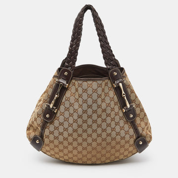 GUCCI Beige/Ebony GG Canvas and Leather Medium Pelham Hobo