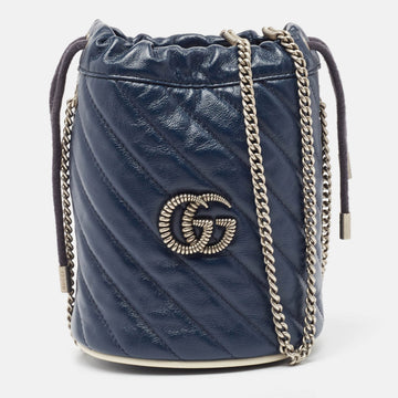 GUCCI Navy Blue Matelasse Leather Mini GG Marmont Torchon Bucket Bag