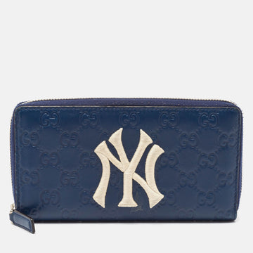 GUCCI Blue ssima Leather NY Yankees Patch Zip Around Wallet