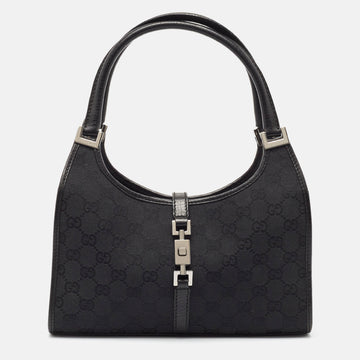 GUCCI Black GG Canvas and Leather Small Bardot Bag