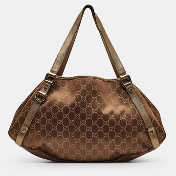 GUCCI Bronze/Gold GG Fabric and Leather Medium Abbey Hobo