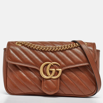 GUCCI Brown Diagonal Quilt Leather Small GG Marmont Shoulder Bag