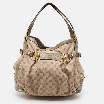 GUCCI Grey/Beige GG Canvas and Leather Horsebit Jockey Hobo