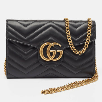 GUCCI Black Matelasse Leather GG Marmont Flap Chain Clutch
