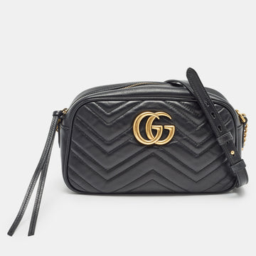 GUCCI Black Matelasse Leather Small GG Marmont Shoulder Bag