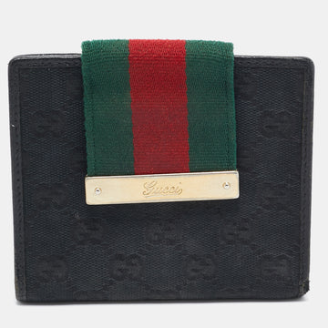 GUCCI Black GG Canvas and Leather Web Flap French Wallet