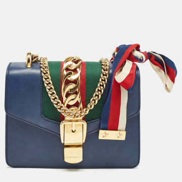 GUCCI Blue Leather Mini Web Chain Sylvie Crossbody Bag