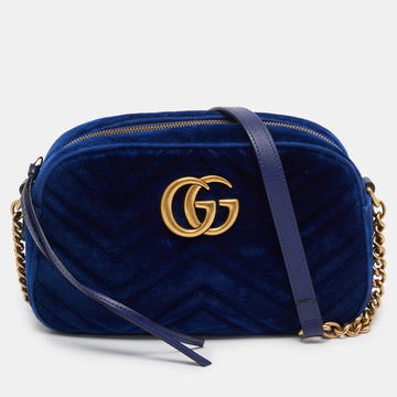 GUCCI Blue Matelasse Velvet Leather Small GG Marmont Camera Bag