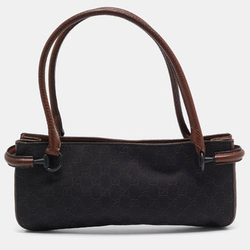GUCCI Dark Brown GG Canvas and Leather East West Horsebit Tote