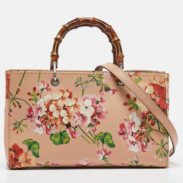 GUCCI Peach Leather Medium Blooms Bamboo Shopper Tote