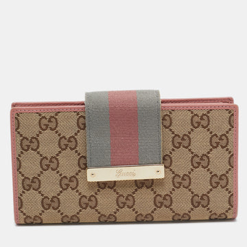 GUCCI Pink/Beige GG Canvas and Leather Web Flap Continental Wallet