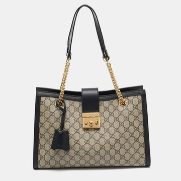 GUCCI Beige/Black GG Supreme Canvas Medium Padlock Shoulder Bag