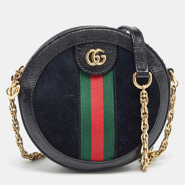 GUCCI Black Leather and Suede Mini Web Ophidia Round Shoulder Bag