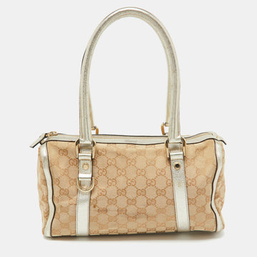 GUCCI Beige/Gold GG Canvas and  Leather Small Abbey Boston Bag