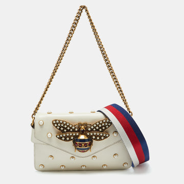 GUCCI Off White Leather Mini Faux Pearl Studded Broadway Bee Shoulder Bag