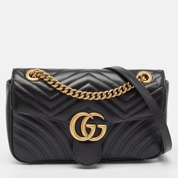 GUCCI Black Matelasse Leather Small GG Marmont Shoulder Bag