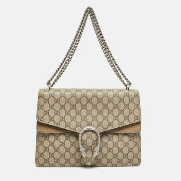 GUCCI Beige GG Supreme Canvas and Suede Medium Dionysus Shoulder Bag