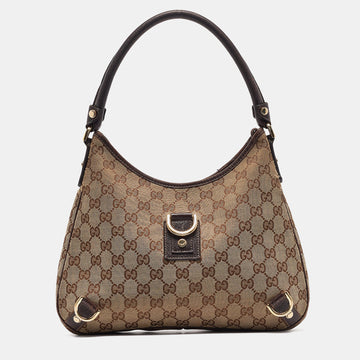 GUCCI Beige/Brown GG Canvas and Leather Small Abbey D Ring Hobo