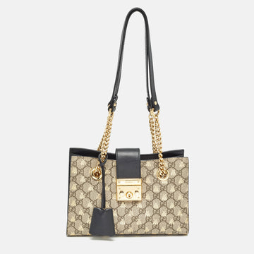 GUCCI Black/Beige GG Supreme Canvas and Leather Small Padlock Bee Tote